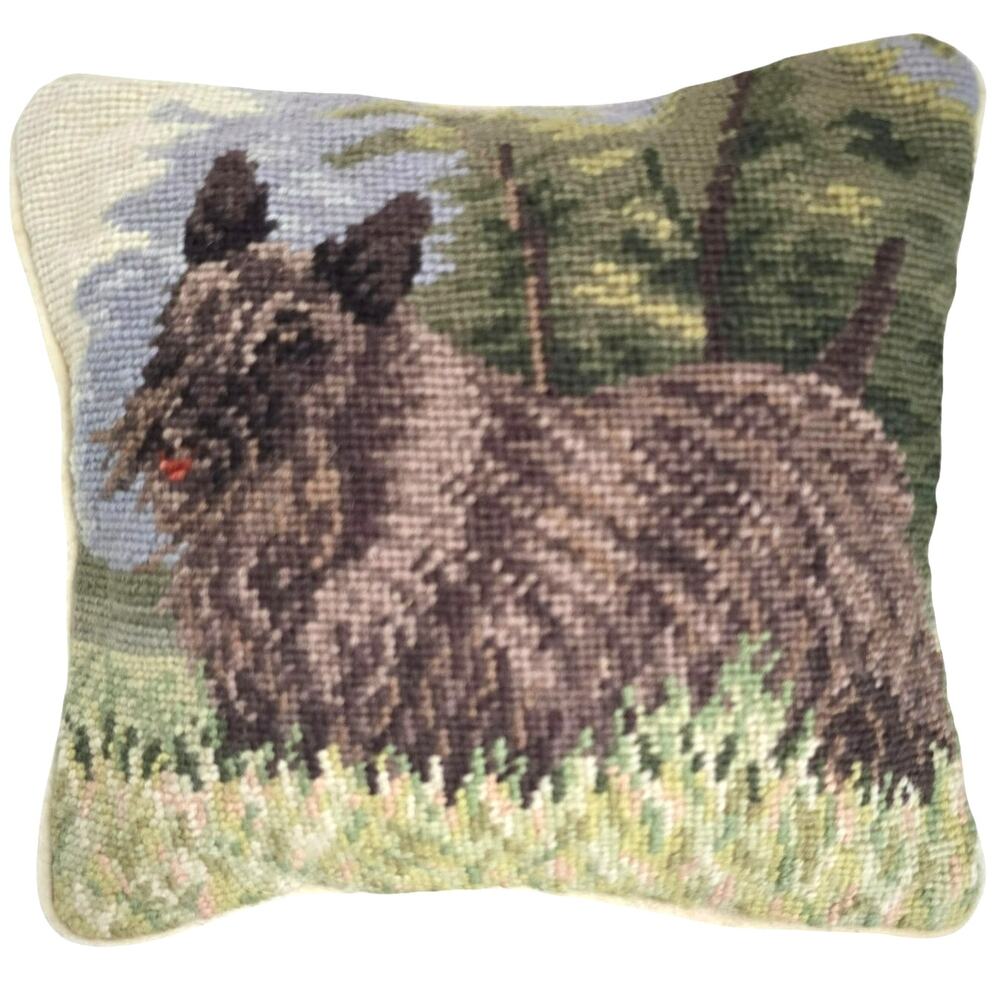 Vintage Terrier Needlepoint Pillow Brown Green Wool Velvet Back Zip Off 8x8 READ